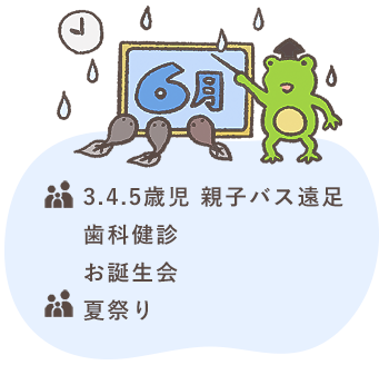 6月 3.4.5歳児 親子バス遠足
歯科健診 お誕生会 夏祭り